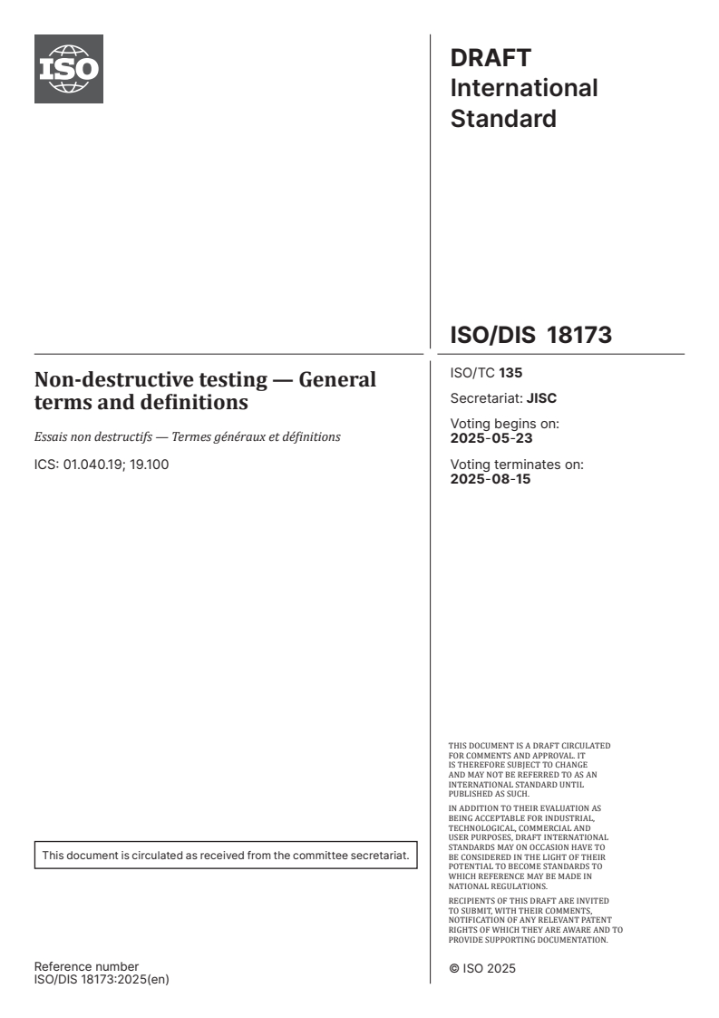 ISO 18173 ISO/FDIS 18173 - Non-destructive testing — General terms and definitions/28/2025 - Page 1 preview