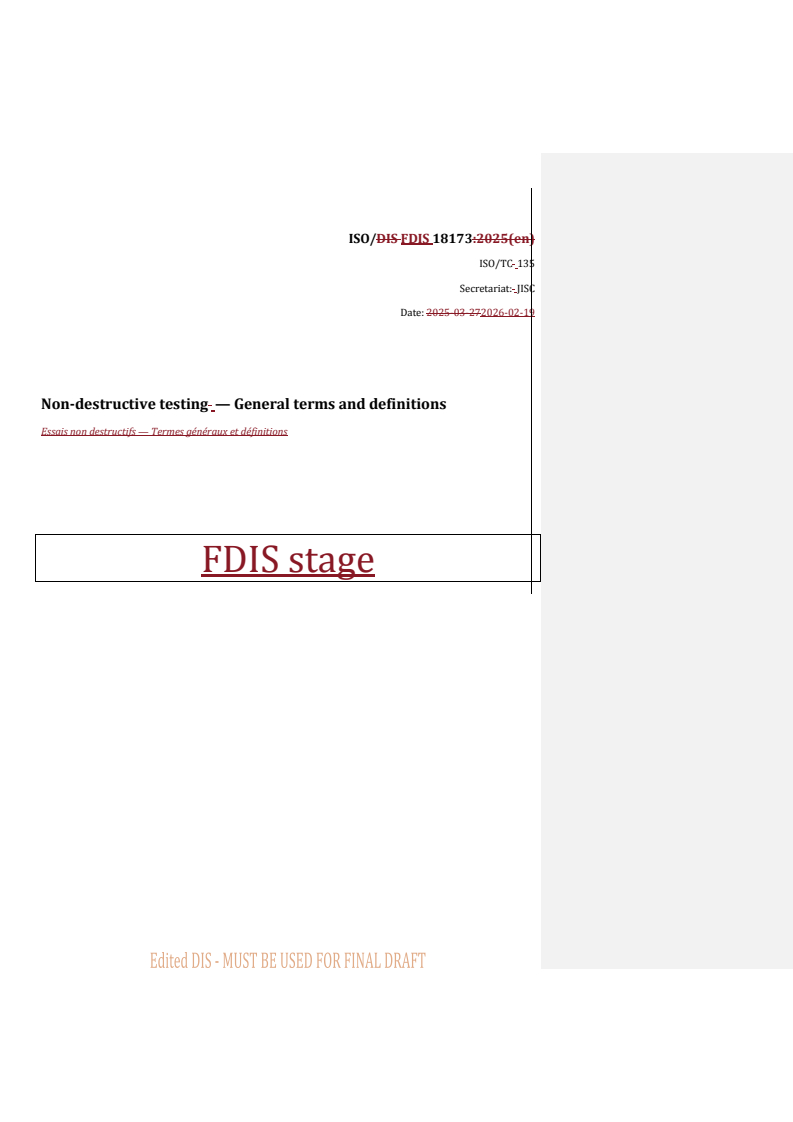 ISO 18173 REDLINE ISO/FDIS 18173 - Non-destructive testing — General terms and definitions - Page 1 preview