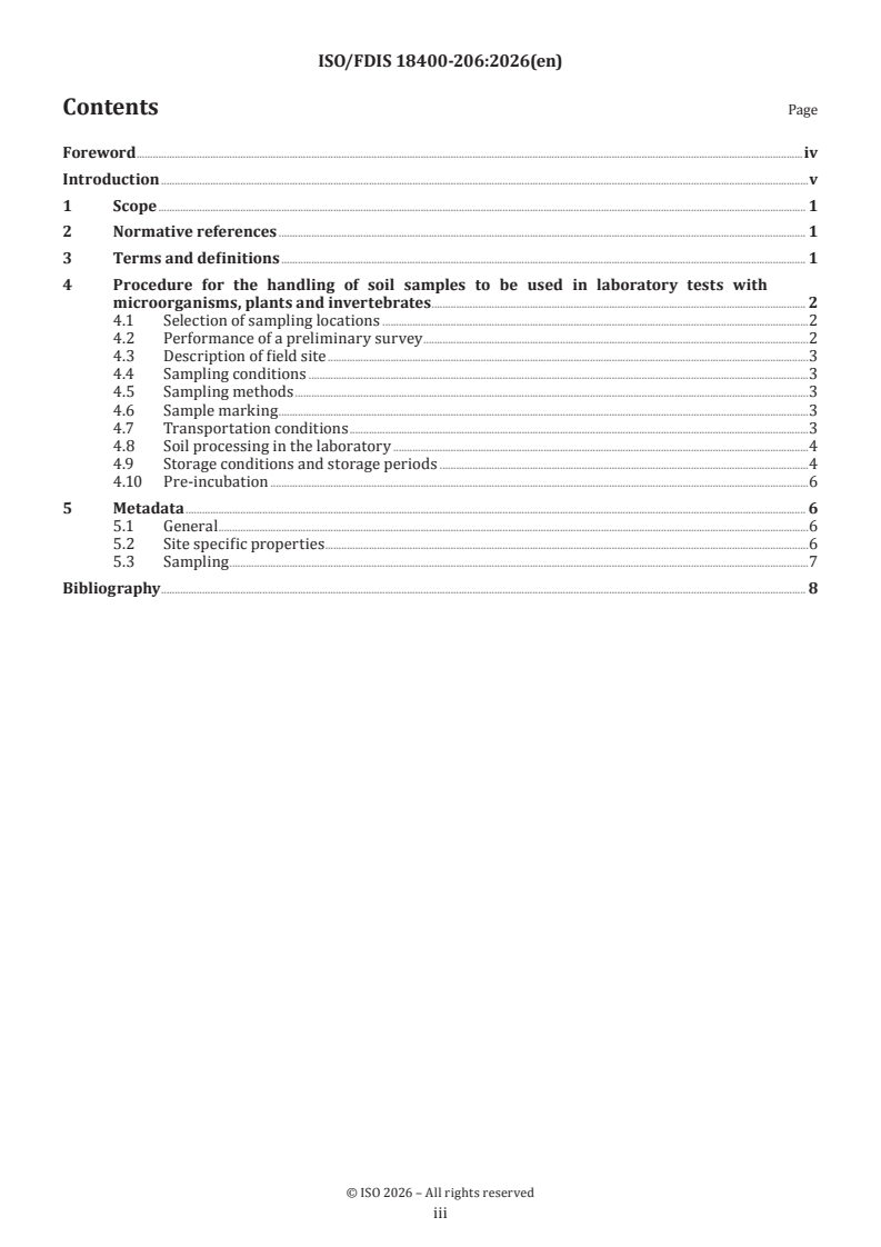 ISO/FDIS 18400-206 ISO/FDIS 18400-206 - Soil quality — Sampling — Part 206: Collection, handling and storage of soil under aerobic conditions for the assessment of microbiological processes, biomass and diversity in the laboratory - Page 3 preview