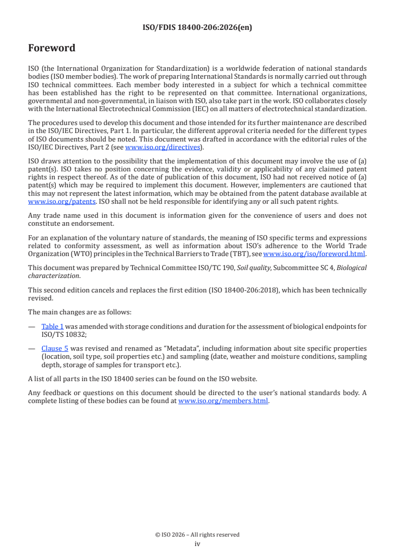 ISO/FDIS 18400-206 ISO/FDIS 18400-206 - Soil quality — Sampling — Part 206: Collection, handling and storage of soil under aerobic conditions for the assessment of microbiological processes, biomass and diversity in the laboratory - Page 4 preview