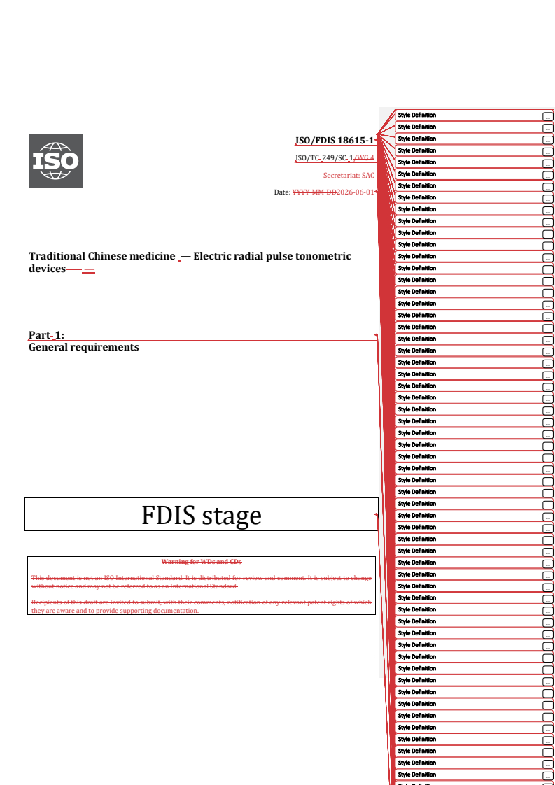 ISO/FDIS 18615-1 REDLINE ISO/FDIS 18615-1 - Traditional Chinese medicine — Electric radial pulse tonometric devices — Part 1: General requirements - Page 1 preview