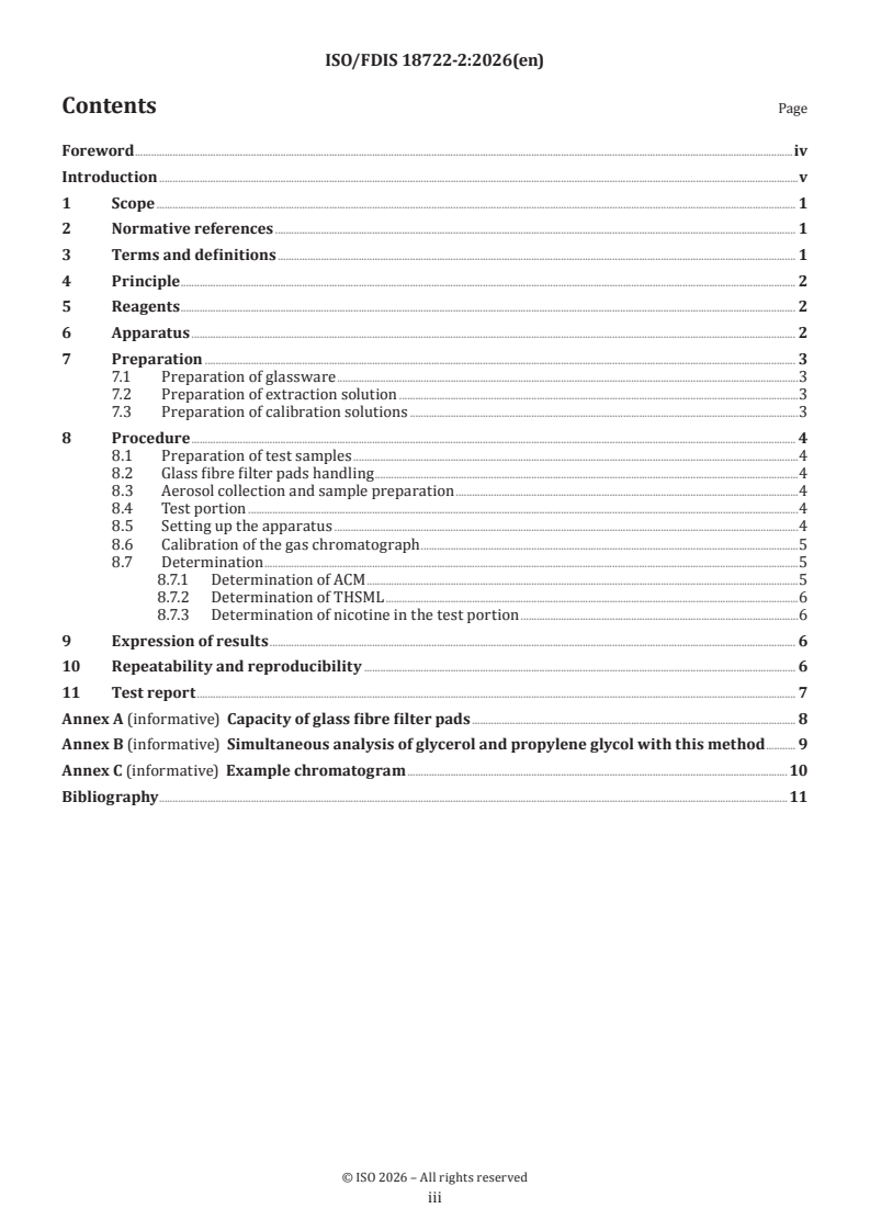 ISO 18722-2 ISO/FDIS 18722-2 - Tobacco heating systems — Determination of aerosol collected mass and nicotine in the aerosol with a puffing regime according to the ISO 5501 series — Part 2: Aerosol heated tobacco products (aHTPs) - Page 3 preview