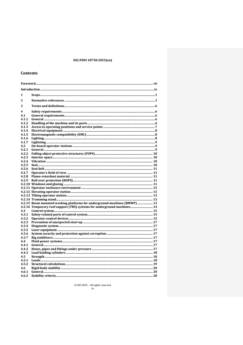ISO/FDIS 18758 REDLINE ISO/FDIS 18758 - Mining and earth-moving machinery — Rock drill rigs and rock reinforcement rigs — Safety requirements - Page 3 preview