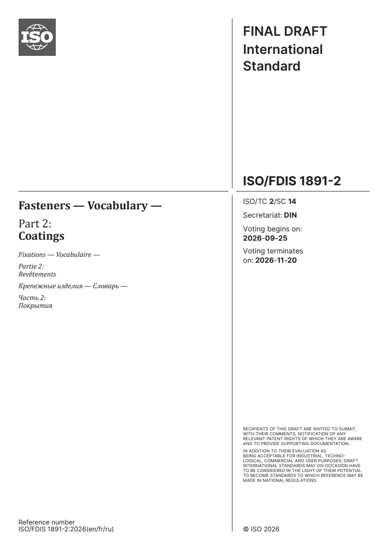ISO/FDIS 1891-2 ISO/FDIS 1891-2 - Fasteners — Vocabulary — Part 2: Coatings - Page 1 preview