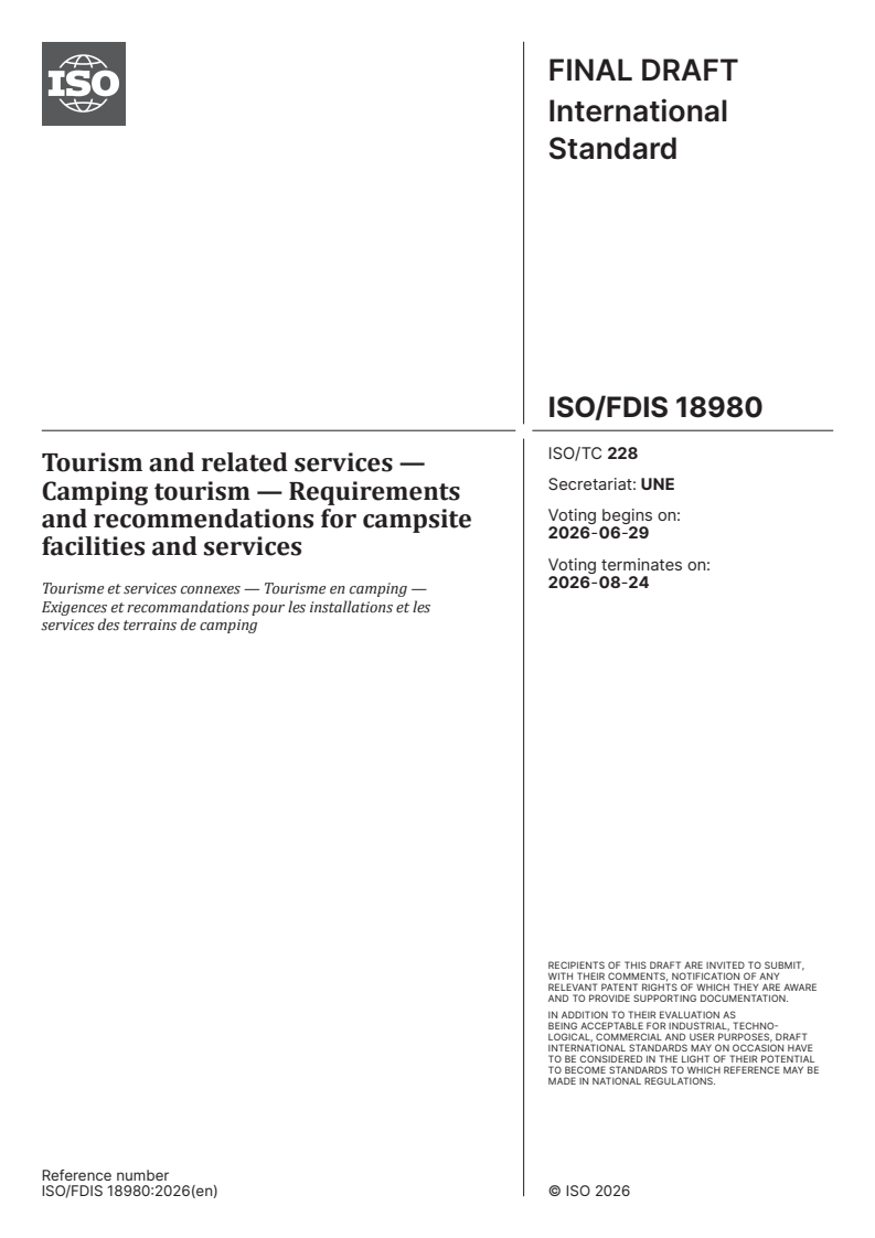 ISO 18980 ISO/FDIS 18980 - Tourism and related services — Camping tourism — Requirements and recommendations for campsite facilities and services - Page 1 preview