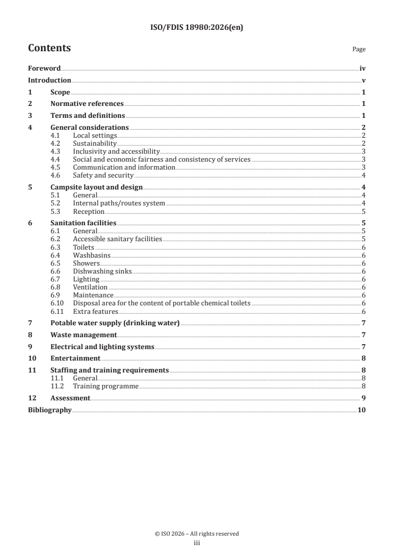 ISO 18980 ISO/FDIS 18980 - Tourism and related services — Camping tourism — Requirements and recommendations for campsite facilities and services - Page 3 preview