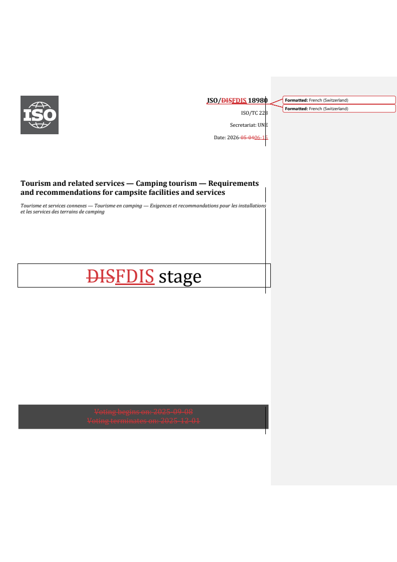 ISO 18980 REDLINE ISO/FDIS 18980 - Tourism and related services — Camping tourism — Requirements and recommendations for campsite facilities and services - Page 1 preview