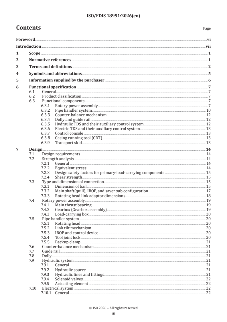 ISO/FDIS 18991 ISO/FDIS 18991 - Oil and gas industries including lower carbon energy — Drilling, production and injection equipment — Top drive systems - Page 3 preview