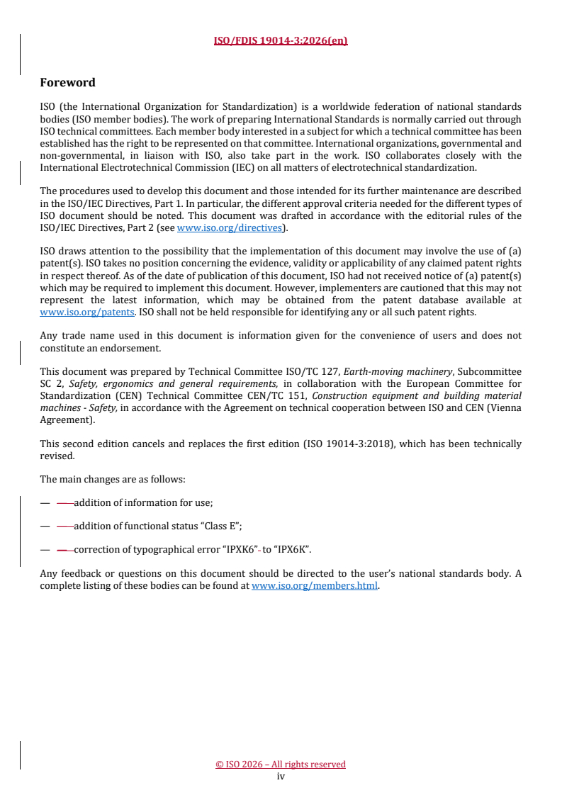ISO/FDIS 19014-3 REDLINE ISO/FDIS 19014-3 - Earth-moving machinery — Functional safety — Part 3: Environmental performance and test requirements of electronic and electrical components used in safety-related parts of the control system - Page 4 preview