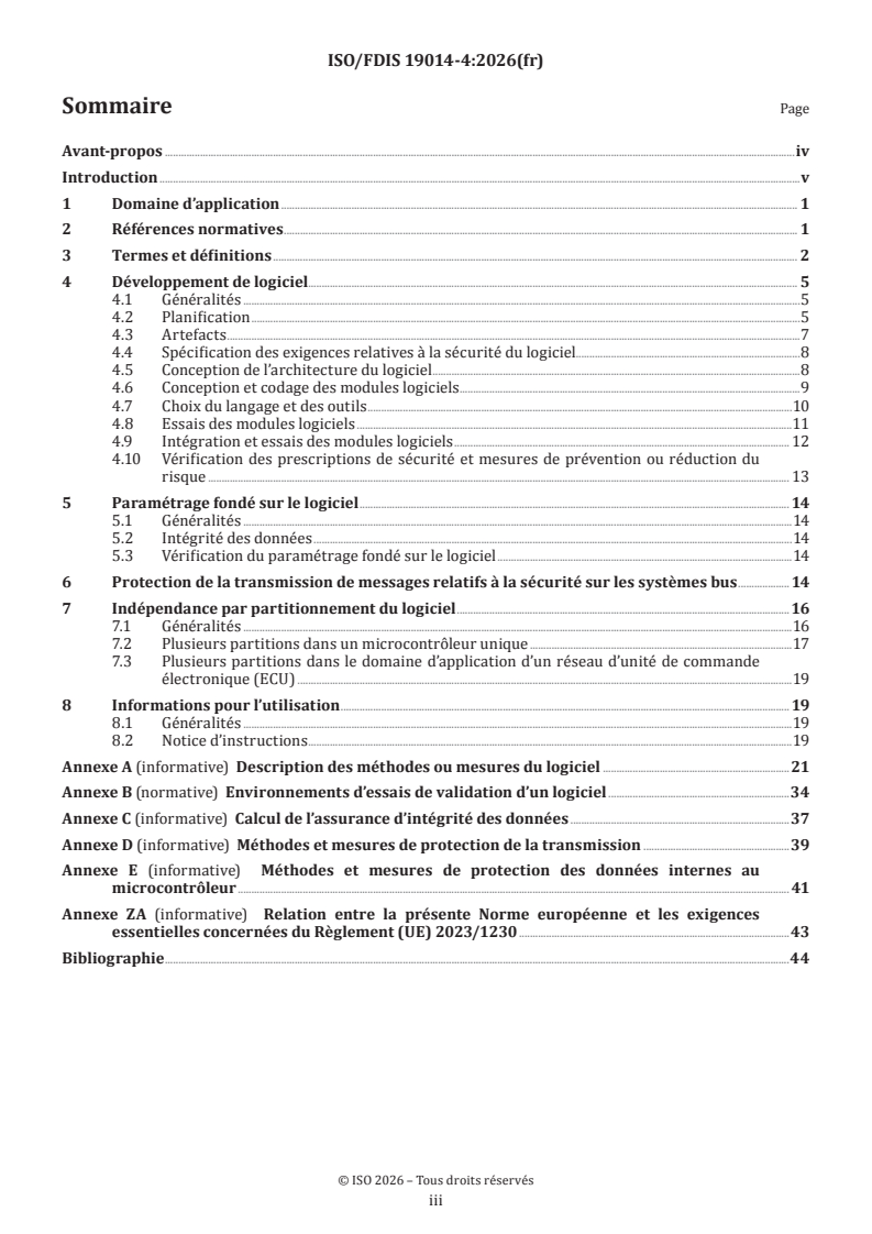 ISO/FDIS 19014-4 ISO/FDIS 19014-4 - Engins de terrassement — Sécurité fonctionnelle — Partie 4: Conception et évaluation du logiciel et de la transmission des données pour les parties du système de commande relatives à la sécurité - Page 3 preview
