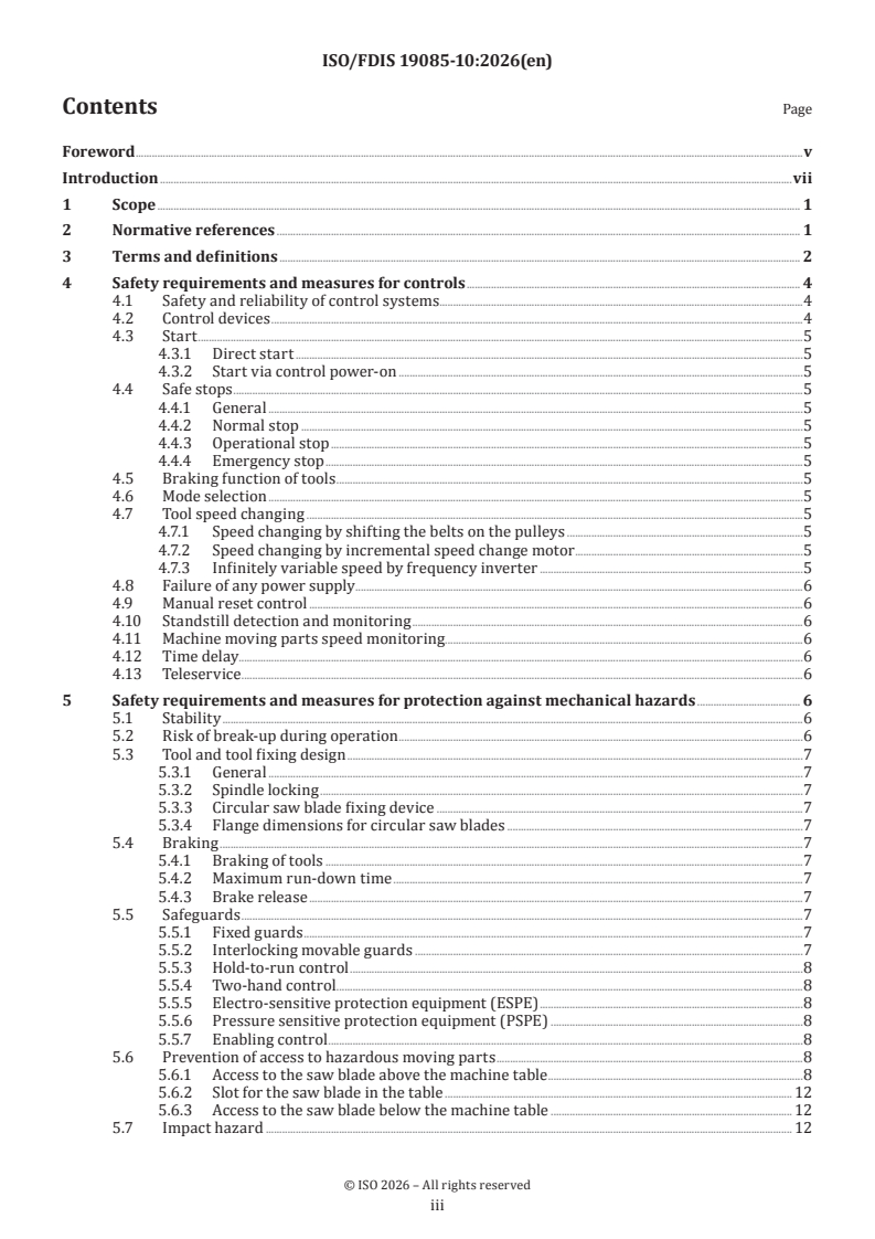ISO/FDIS 19085-10 ISO/FDIS 19085-10 - Woodworking machines — Safety — Part 10: Building site saws (contractor saws) - Page 3 preview