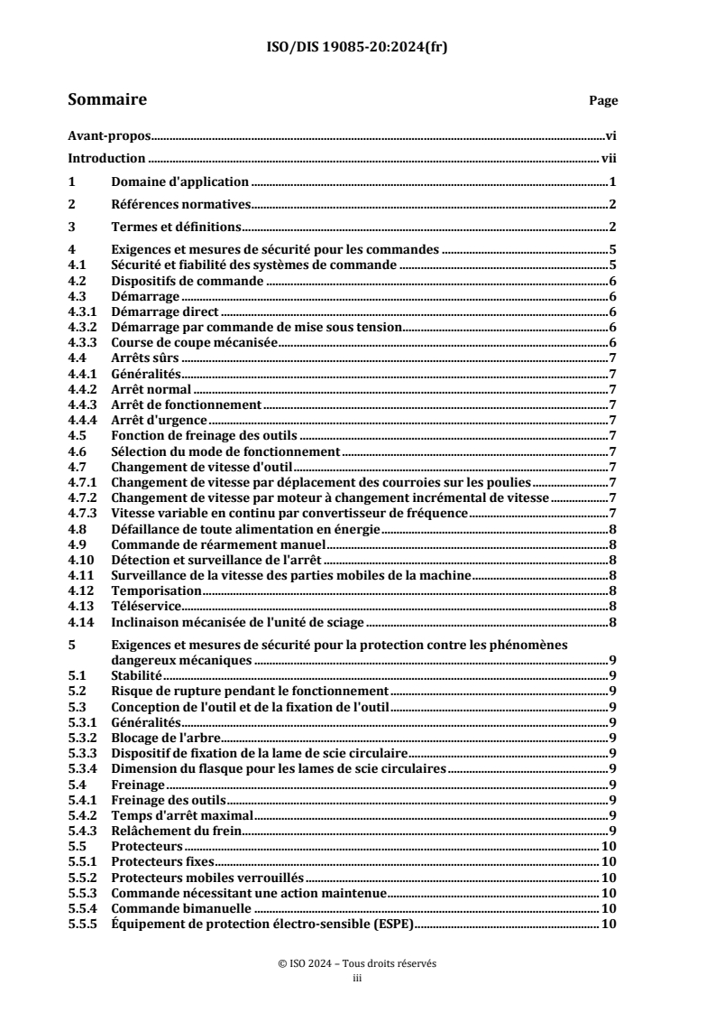 ISO/FDIS 19085-20 ISO/FDIS 19085-20 - Machines à bois — Sécurité — Partie 20: Tronçonneuses à coupe horizontale avec une unité de sciage (scies à bras radial)/12/2024 - Page 3 preview