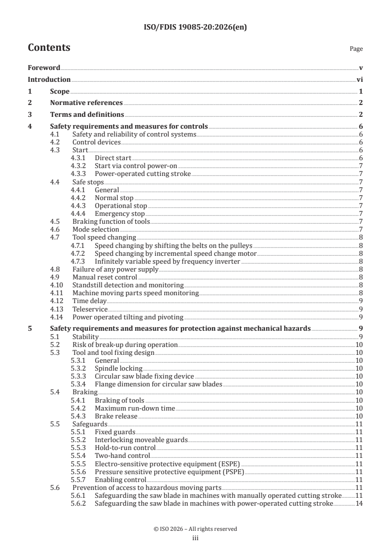 ISO/FDIS 19085-20 ISO/FDIS 19085-20 - Woodworking machines — Safety — Part 20: Horizontal cutting cross-cut sawing machines with one saw unit (radial arm saws) - Page 3 preview