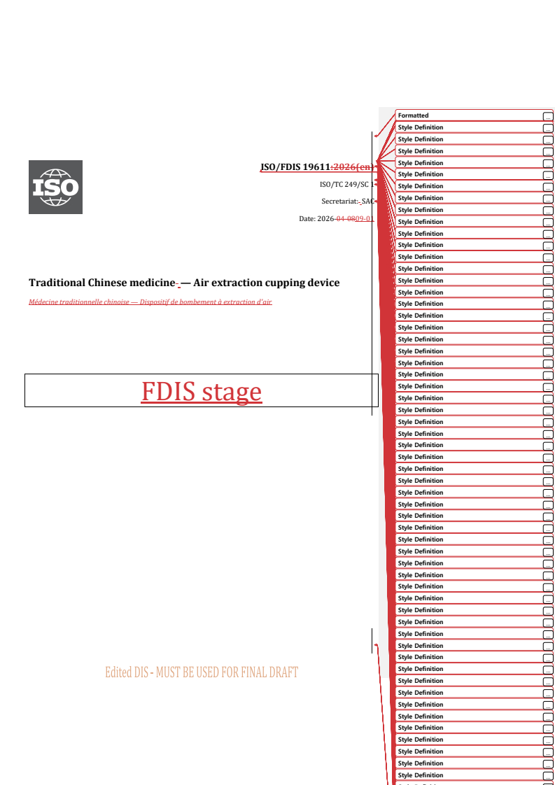 ISO/FDIS 19611 REDLINE ISO/FDIS 19611 - Traditional Chinese medicine — Air extraction cupping device - Page 1 preview