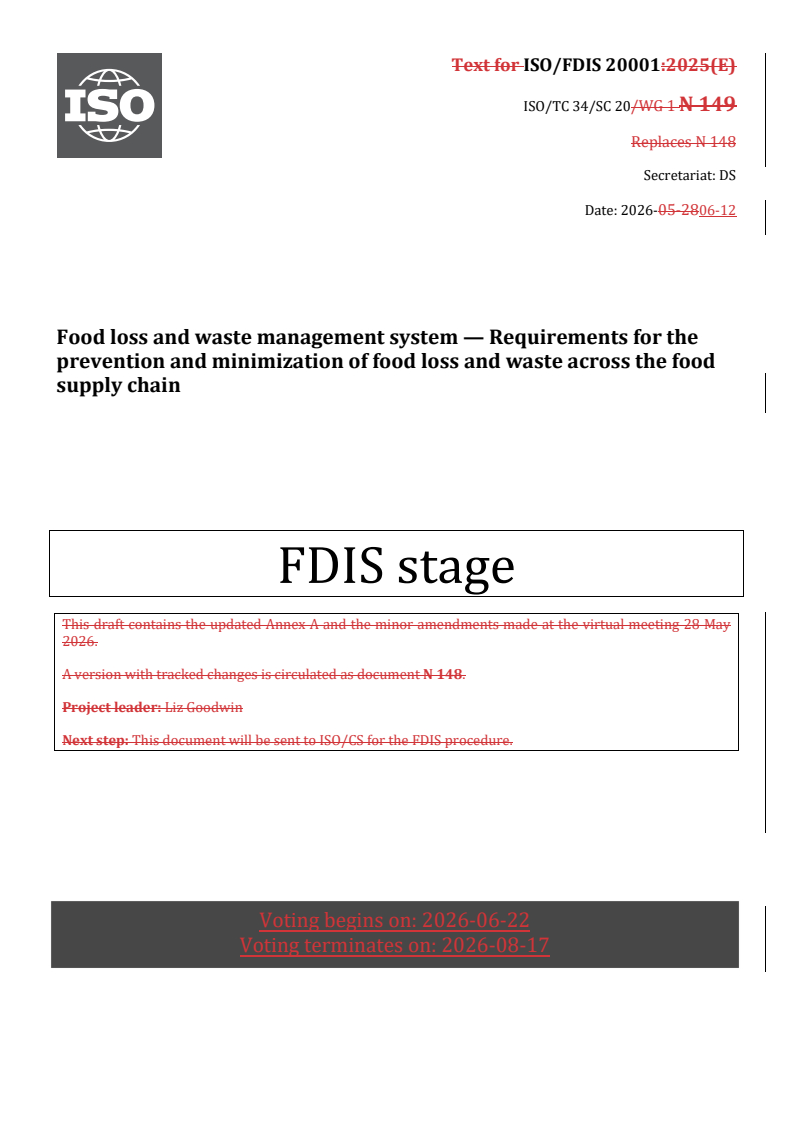 ISO 20001 REDLINE ISO/FDIS 20001 - Food loss and waste management system — Requirements for the prevention and minimization of food loss and waste across the food supply chain - Page 1 preview