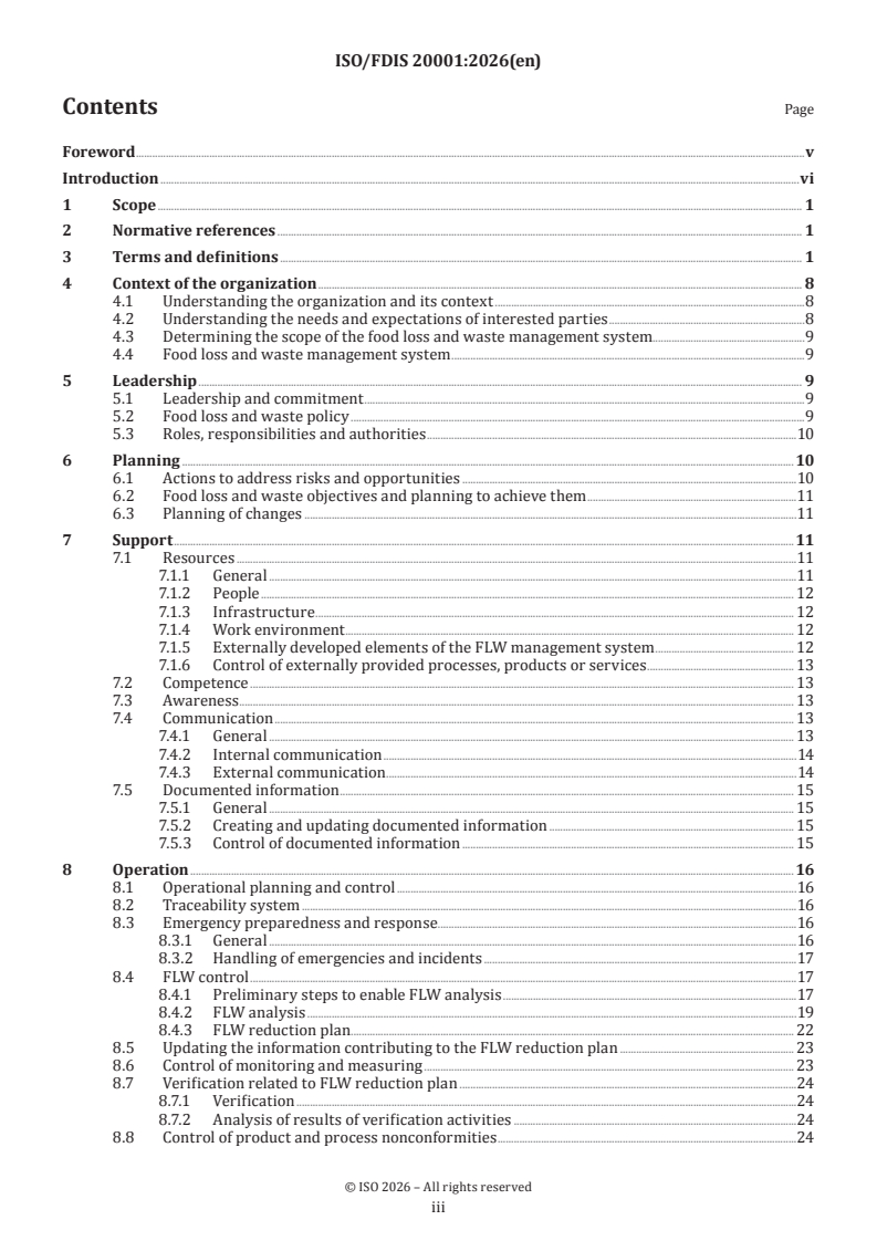 ISO 20001 ISO/FDIS 20001 - Food loss and waste management system — Requirements for the prevention and minimization of food loss and waste across the food supply chain - Page 3 preview