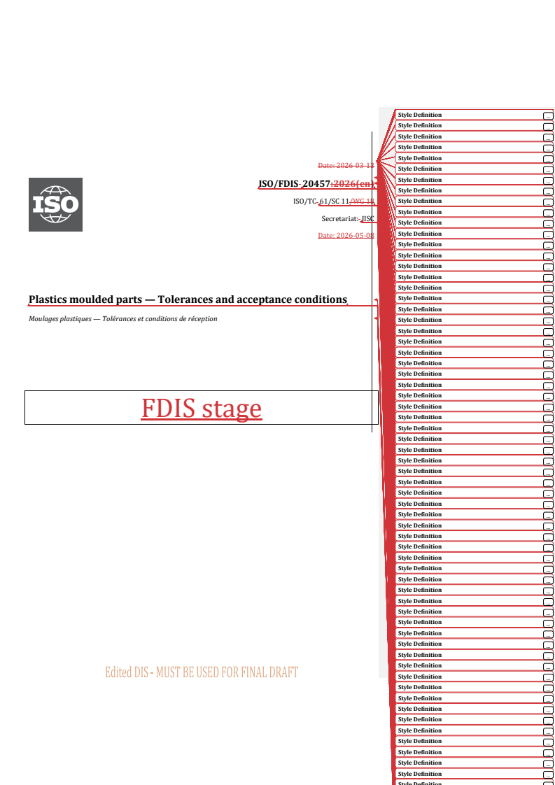 ISO 20457 REDLINE ISO/FDIS 20457 - Plastics moulded parts — Tolerances and acceptance conditions - Page 1 preview