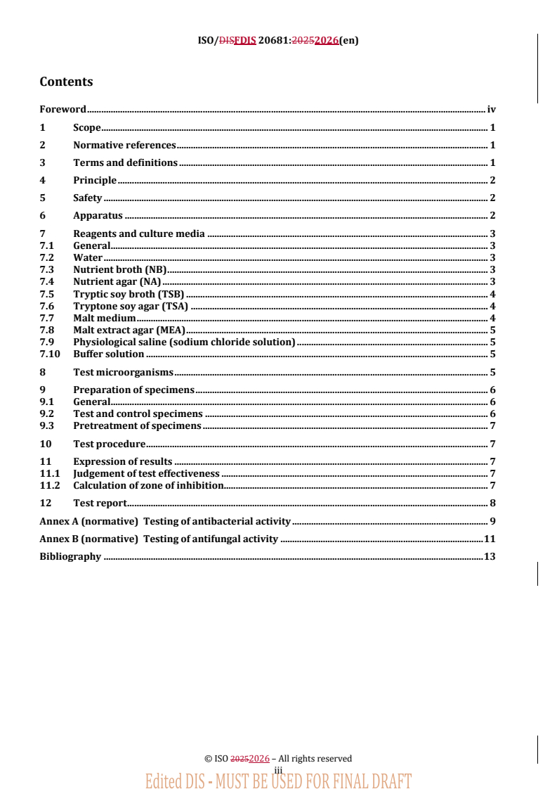 ISO 20681 REDLINE ISO/FDIS 20681 - Footwear and footwear components — Test method to assess antimicrobial activity — Agar diffusion test
Released:2. 02. 2026 - Page 3 preview