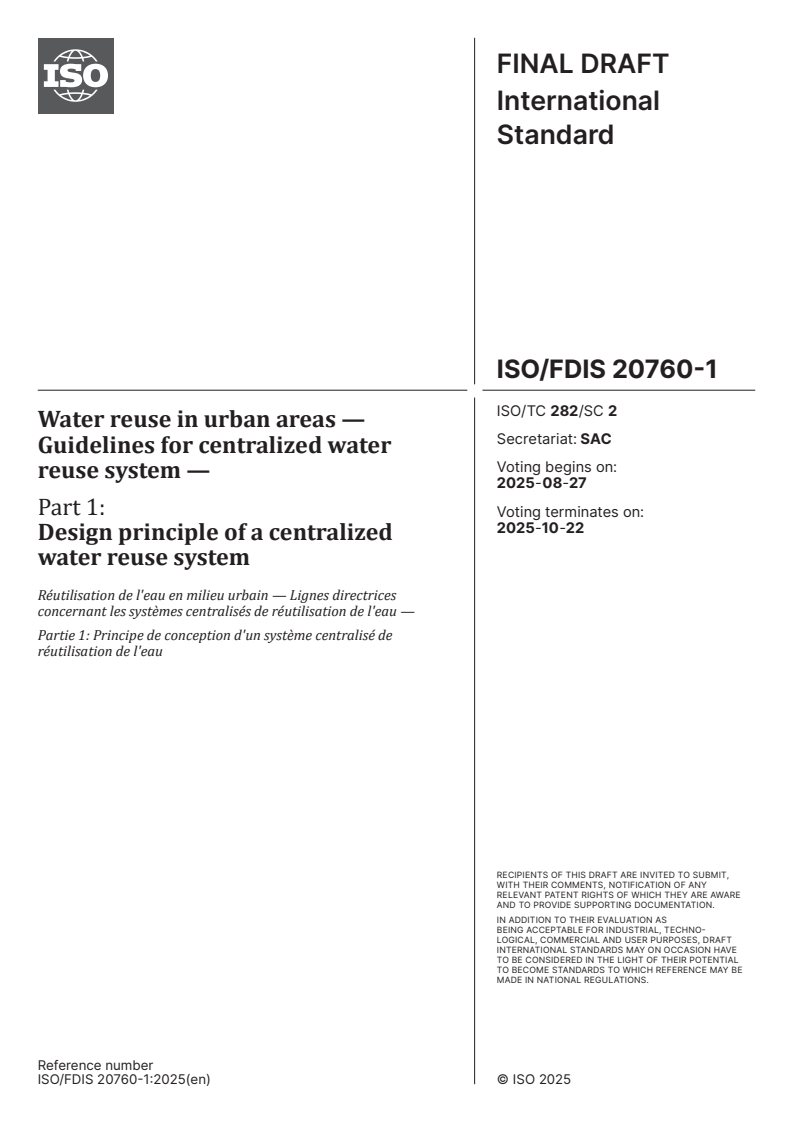 ISO/FDIS 20760-1 - Water reuse in urban areas — Guidelines for centralized water reuse system — Part 1: Design principle of a centralized water reuse system
Released:13. 08. 2025