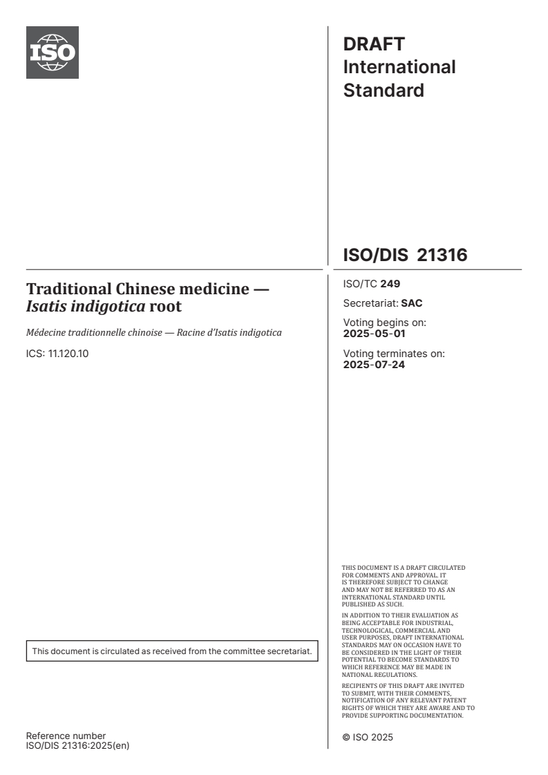 Is Code 2116 ISO 21316 - Isatis indigotica root in Traditional Chinese medicine