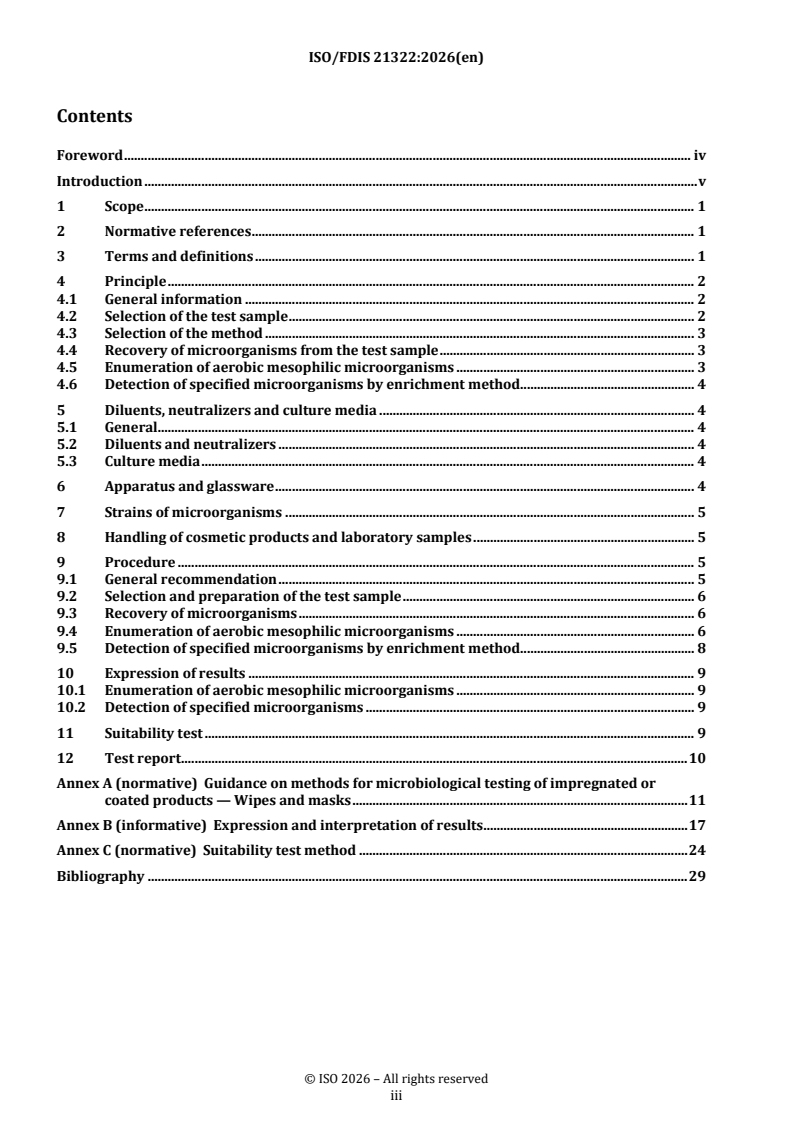 ISO/FDIS 21322 REDLINE ISO/FDIS 21322 - Cosmetics — Microbiology — Testing of impregnated or coated wipes and masks - Page 3 preview