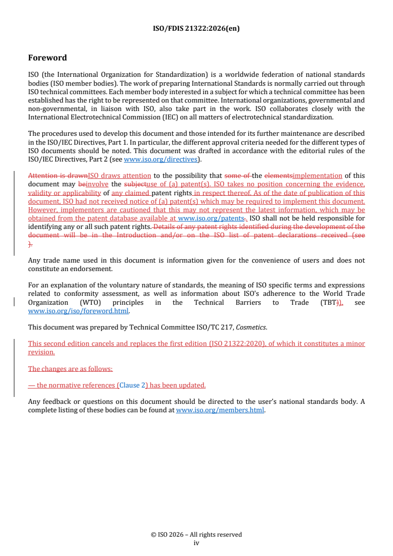 ISO/FDIS 21322 REDLINE ISO/FDIS 21322 - Cosmetics — Microbiology — Testing of impregnated or coated wipes and masks - Page 4 preview