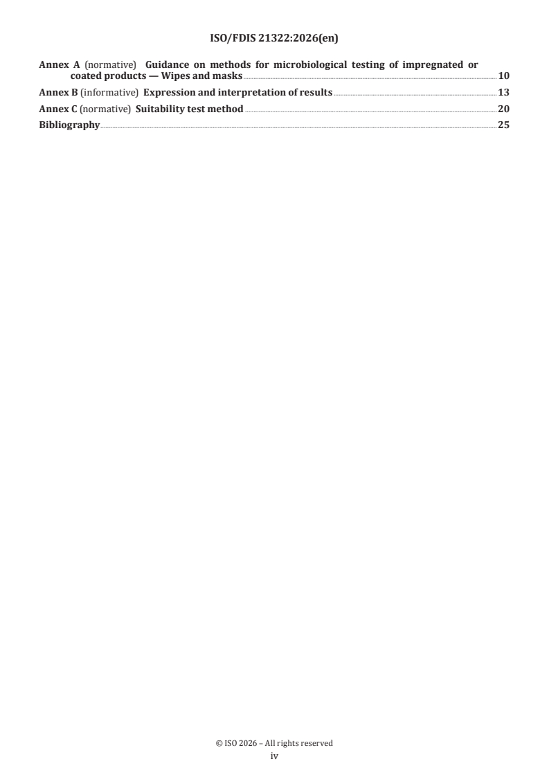 ISO/FDIS 21322 ISO/FDIS 21322 - Cosmetics — Microbiology — Testing of impregnated or coated wipes and masks - Page 4 preview