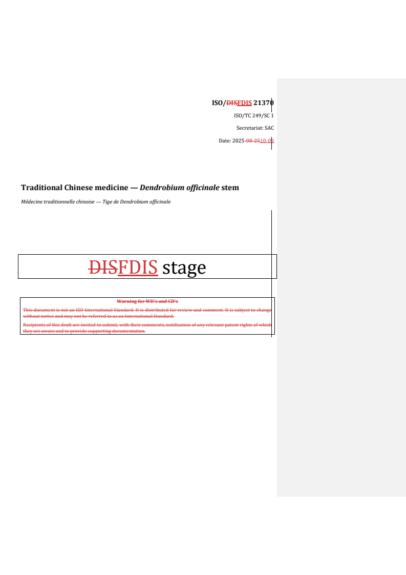 REDLINE ISO/FDIS 21370 - Traditional Chinese medicine — Dendrobium officinale stem
Released:10/10/2025