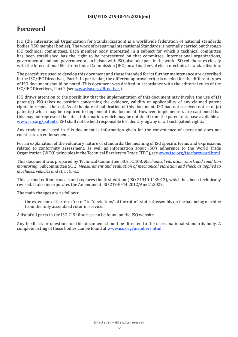 ISO 21940-14 ISO/FDIS 21940-14 - Mechanical vibration — Rotor balancing — Part 14: Procedures for assessing balance errors - Page 4 preview