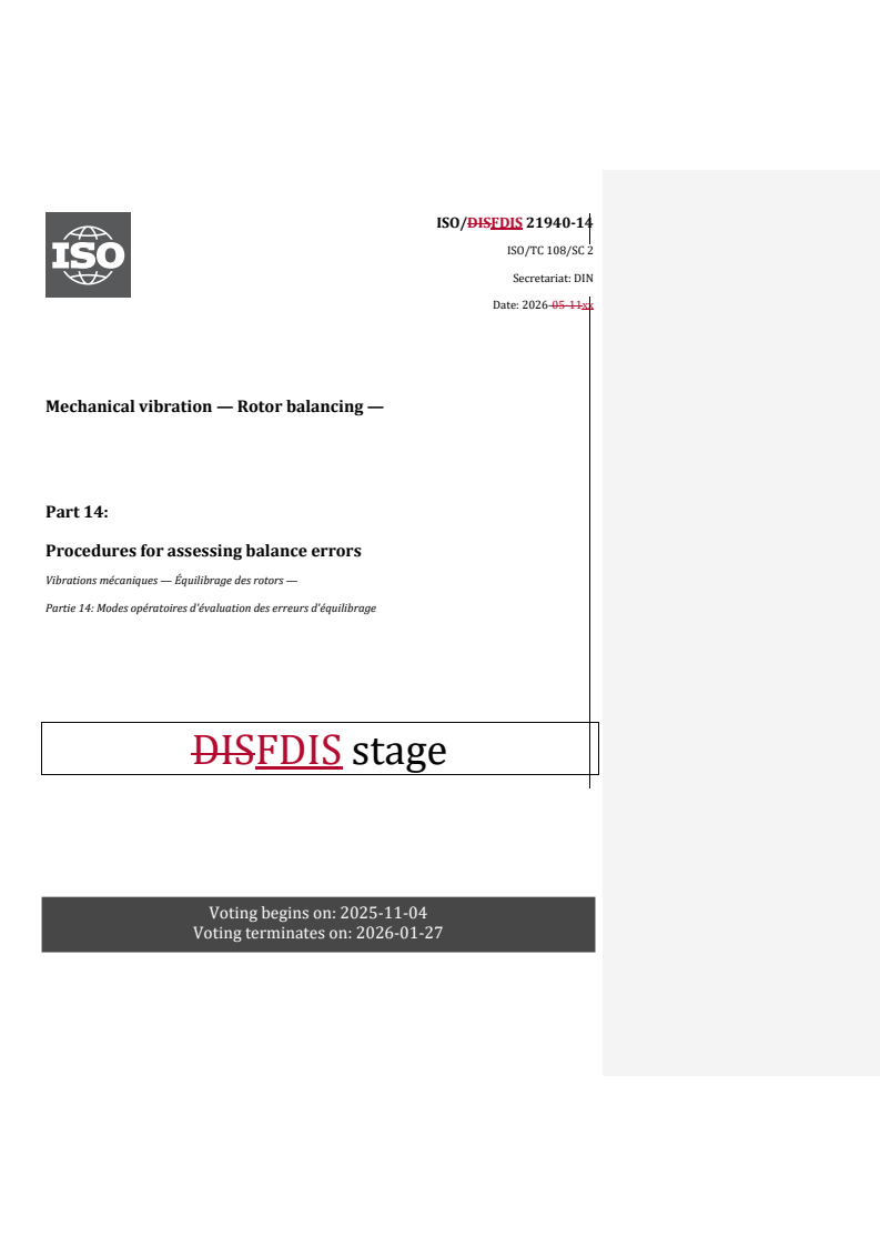 ISO 21940-14 REDLINE ISO/FDIS 21940-14 - Mechanical vibration — Rotor balancing — Part 14: Procedures for assessing balance errors - Page 1 preview