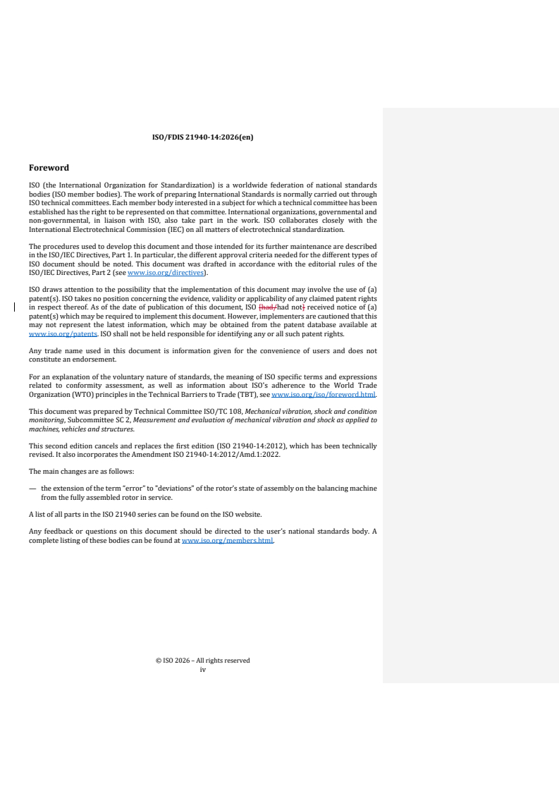 ISO 21940-14 REDLINE ISO/FDIS 21940-14 - Mechanical vibration — Rotor balancing — Part 14: Procedures for assessing balance errors - Page 4 preview