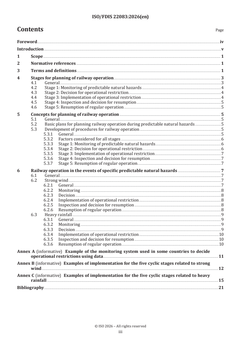 ISO/FDIS 22083 ISO/FDIS 22083 - Railway applications — General and basic requirements for planning railway operation in the event of predictable natural hazards - Page 3 preview