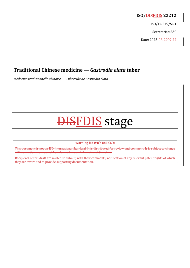 REDLINE ISO/FDIS 22212 - Traditional Chinese medicine — Gastrodia elata tuber
Released:9/22/2025