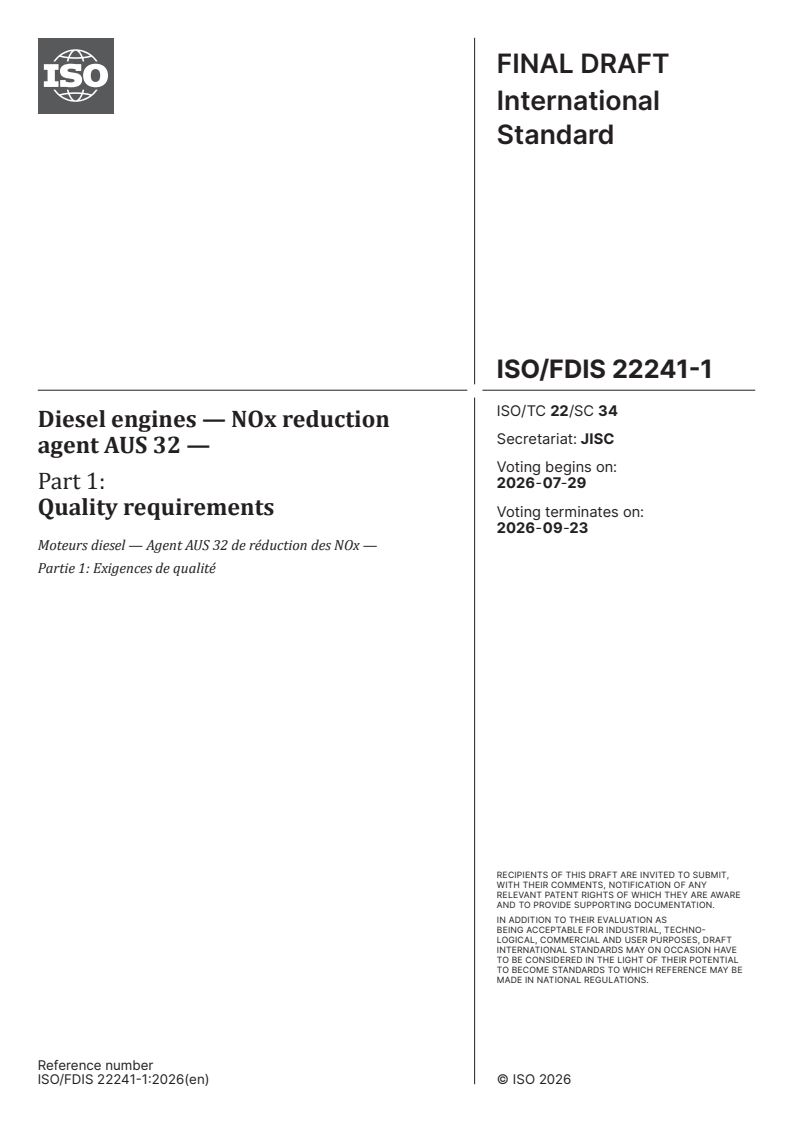 ISO 22241-1 ISO/FDIS 22241-1 - Diesel engines — NOx reduction agent AUS 32 — Part 1: Quality requirements - Page 1 preview