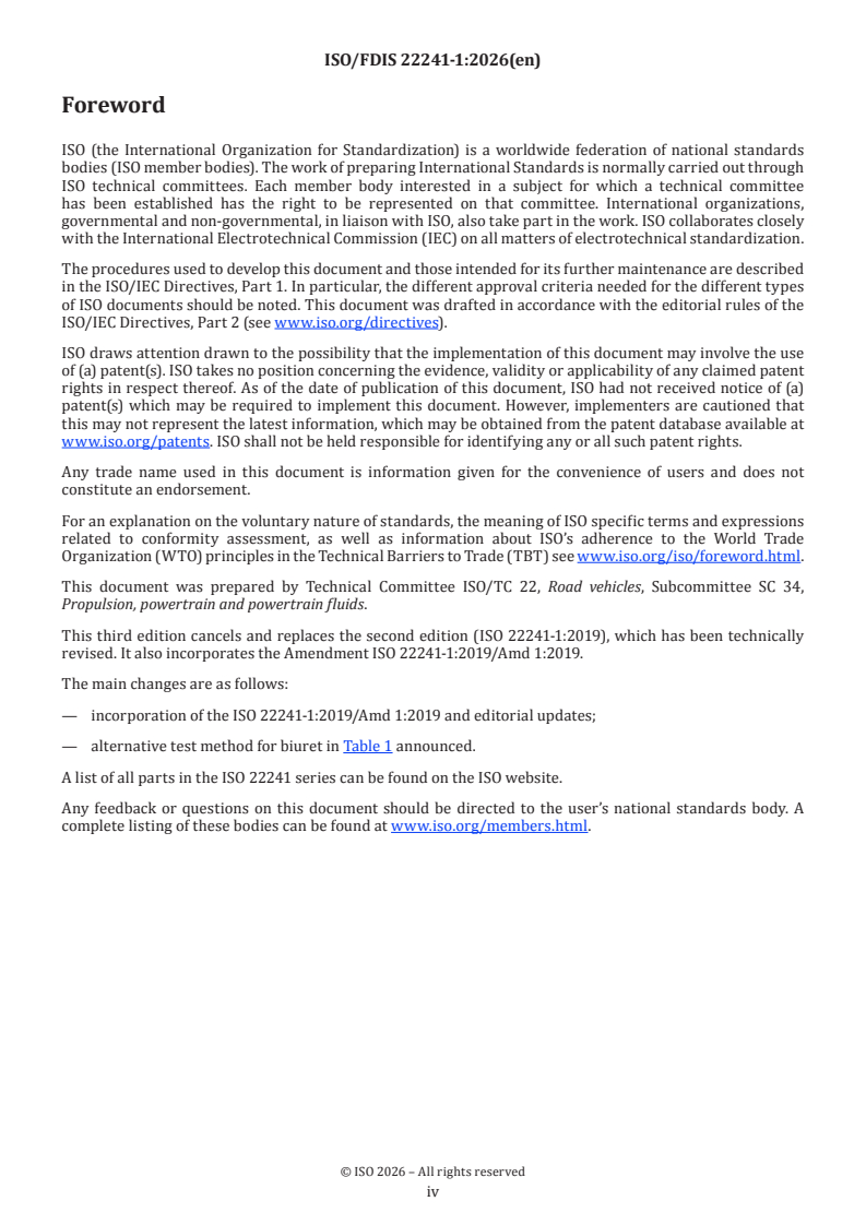 ISO 22241-1 ISO/FDIS 22241-1 - Diesel engines — NOx reduction agent AUS 32 — Part 1: Quality requirements - Page 4 preview