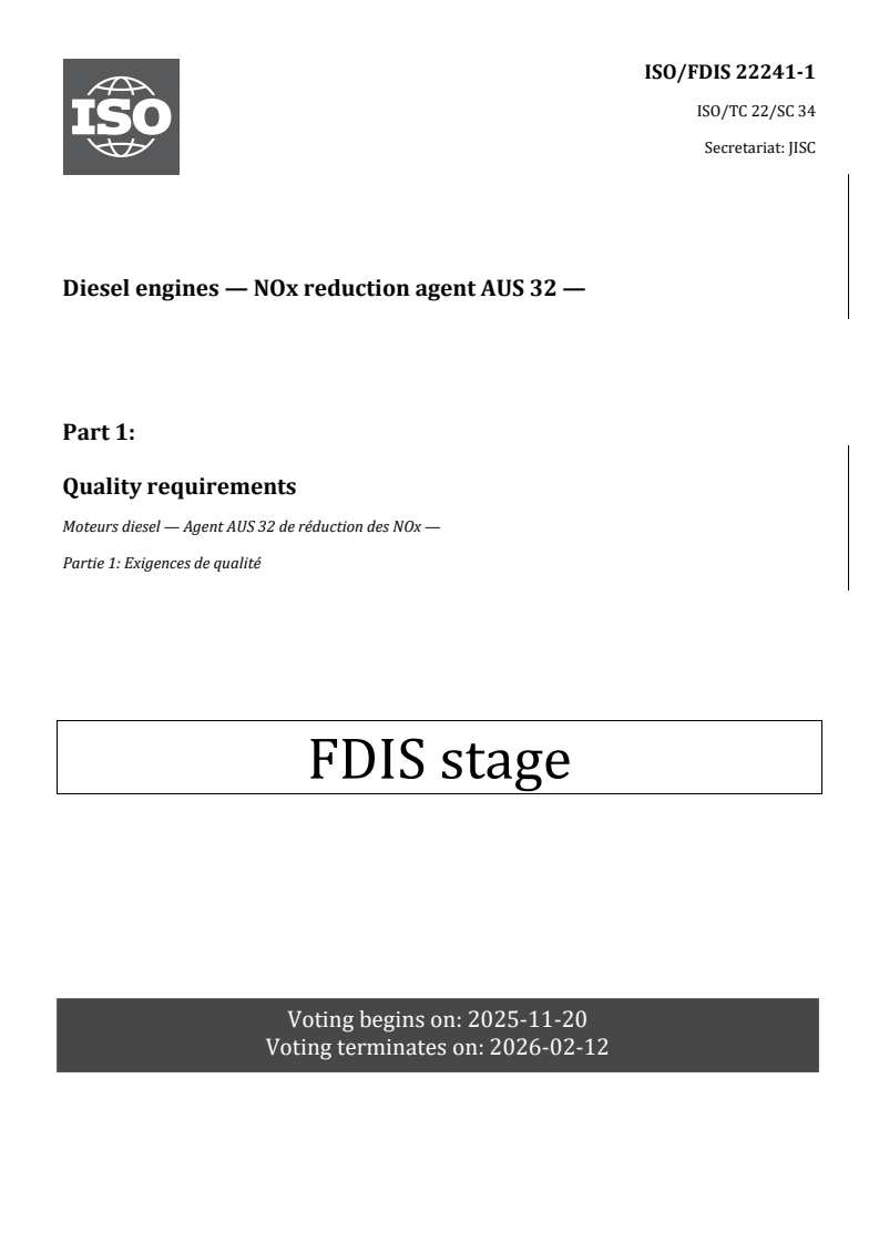 ISO 22241-1 REDLINE ISO/FDIS 22241-1 - Diesel engines — NOx reduction agent AUS 32 — Part 1: Quality requirements - Page 1 preview