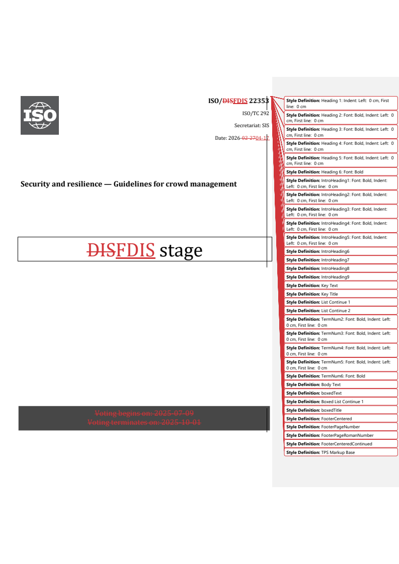 ISO/FDIS 22353 REDLINE ISO/FDIS 22353 - Security and resilience — Guidelines for crowd management - Page 1 preview