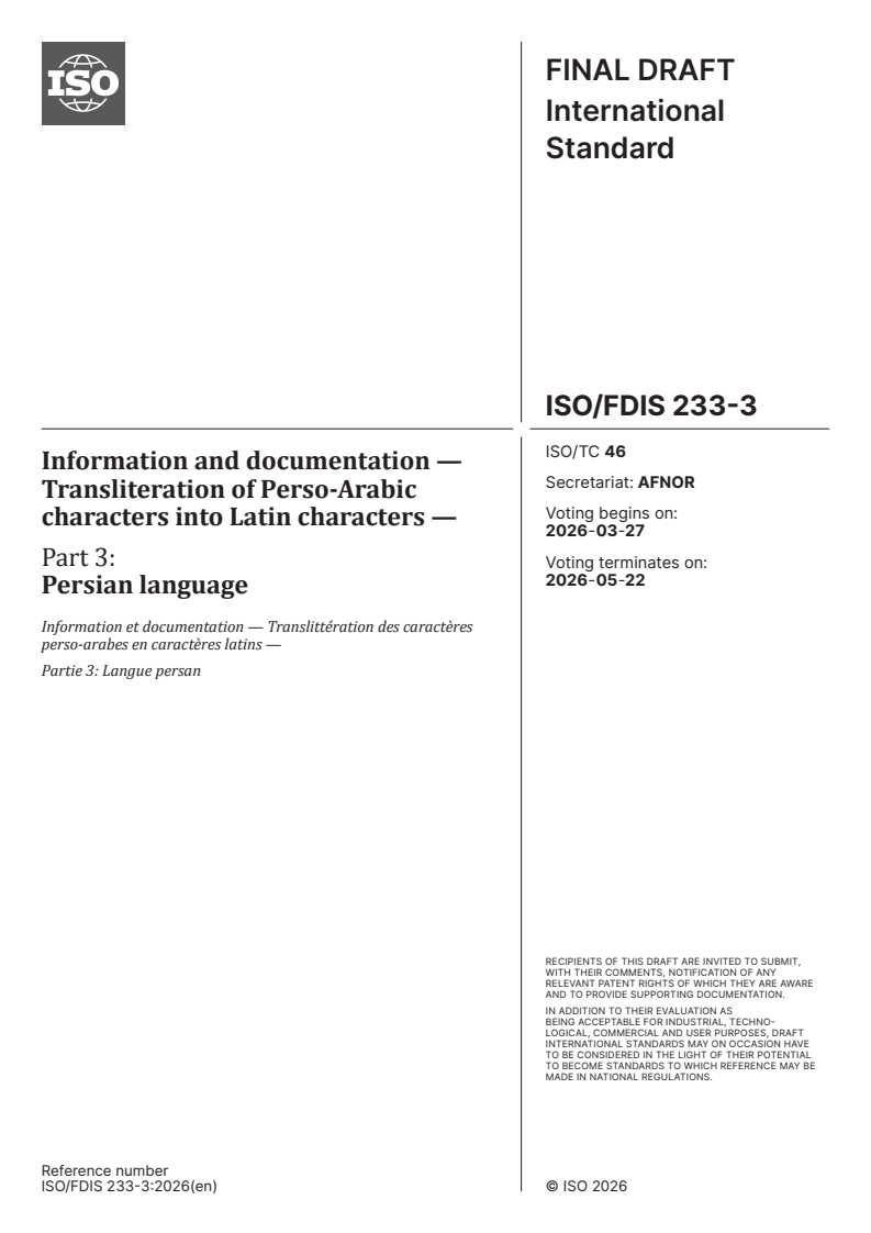 Iso Latin Script ISO/FDIS 233-3 - Persian Transliteration of Perso-Arabic Script
