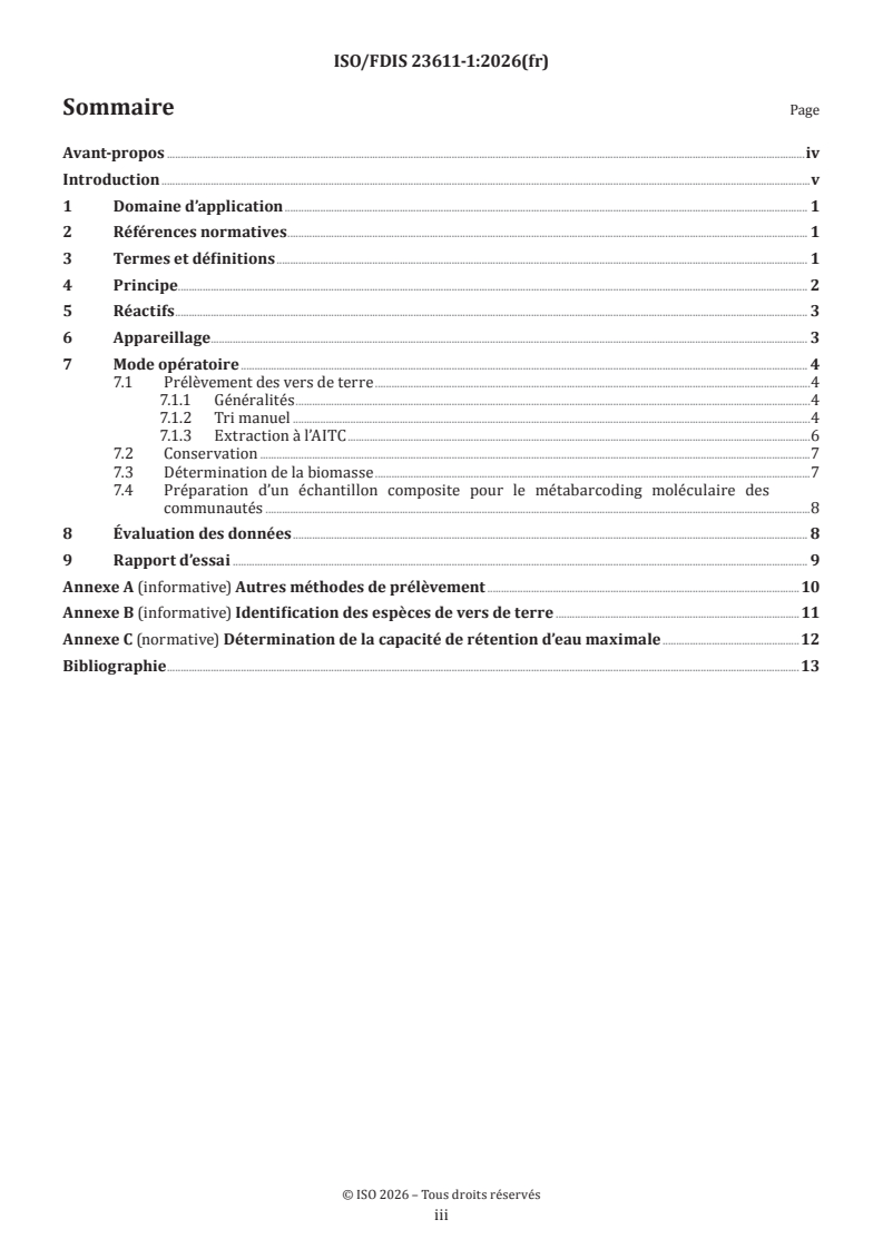 ISO/FDIS 23611-1 ISO/FDIS 23611-1 - Qualité du sol — Prélèvement des invertébrés du sol — Partie 1: Tri manuel et extraction des vers de terre - Page 3 preview