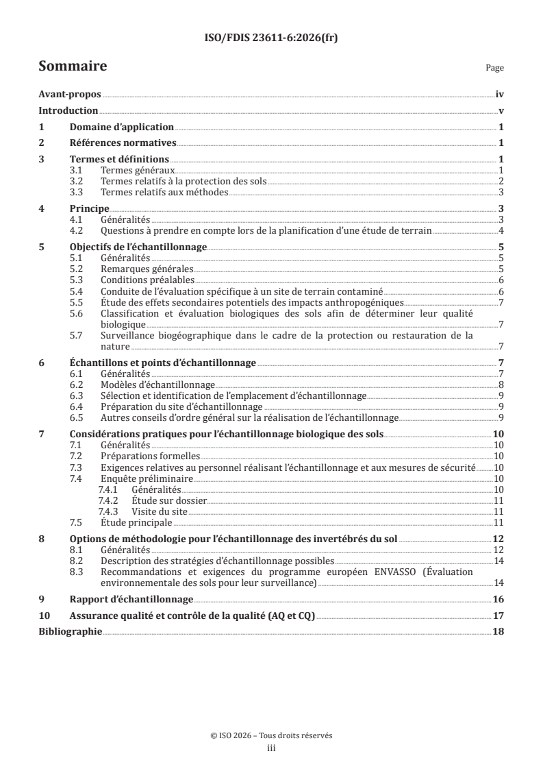 ISO/FDIS 23611-6 ISO/FDIS 23611-6 - Qualité du sol — Prélèvement des invertébrés du sol — Partie 6: Conception de programmes d'échantillonnage des invertébrés du sol - Page 3 preview