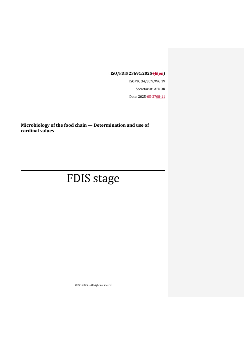 REDLINE ISO/FDIS 23691 - Microbiology of the food chain — Determination and use of cardinal values
Released:11. 08. 2025