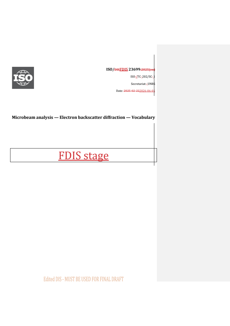 ISO 23699 REDLINE ISO/FDIS 23699 - Microbeam analysis — Electron backscatter diffraction — Vocabulary - Page 1 preview