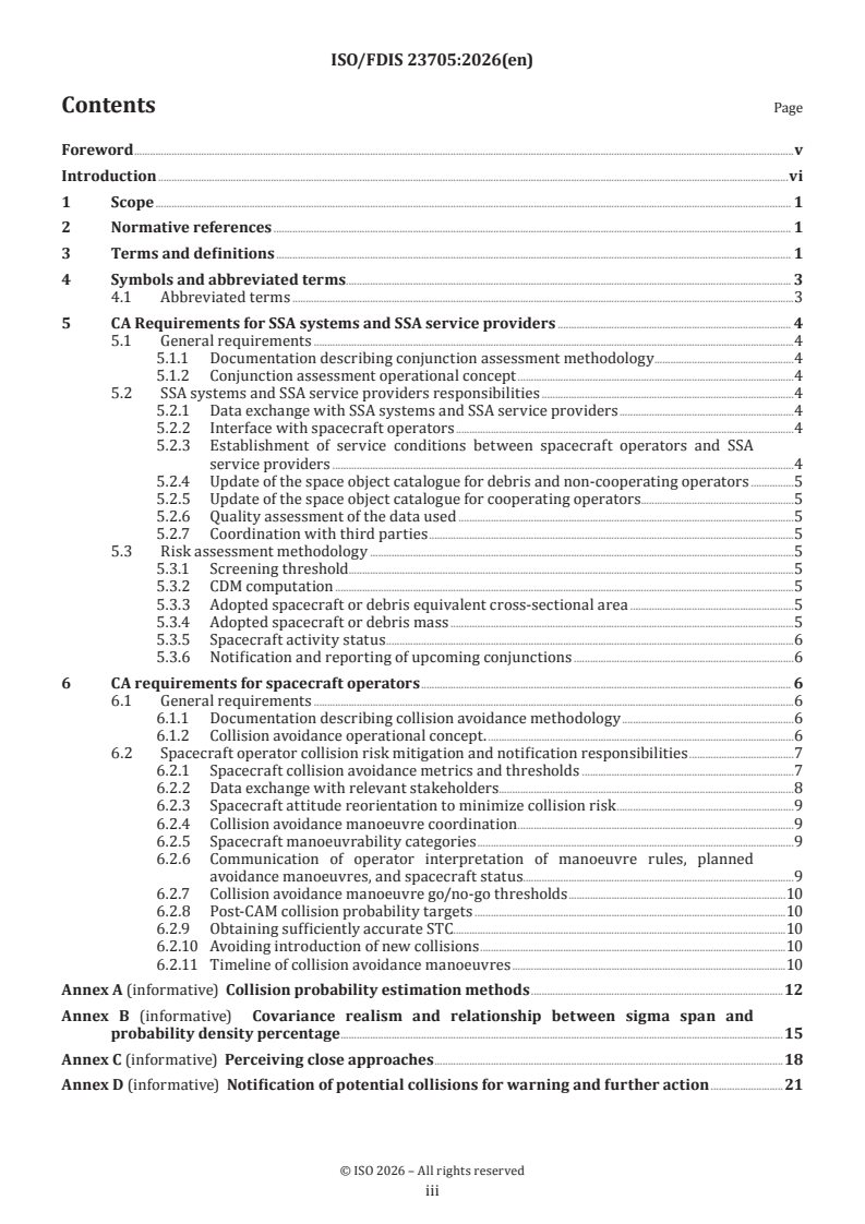 ISO 23705 ISO/FDIS 23705 - Space systems — Identifying, evaluating and avoiding collisions between orbiting objects - Page 3 preview