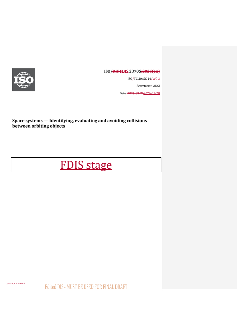 ISO 23705 REDLINE ISO/FDIS 23705 - Space systems — Identifying, evaluating and avoiding collisions between orbiting objects - Page 1 preview