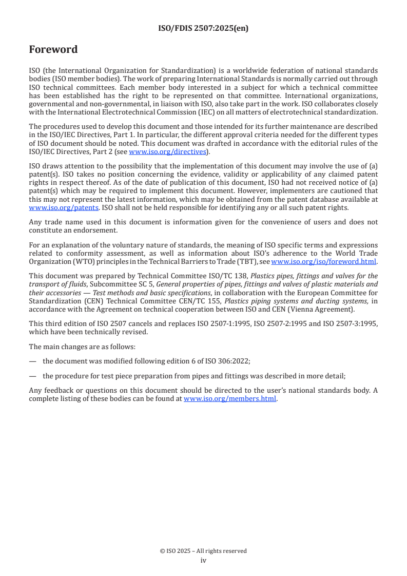 ISO 2507 ISO/FDIS 2507 - Thermoplastics pipes and fittings — Vicat softening temperature: General test method and test conditions for vinyl chloride-based (PVC-U, PVC-C, PVC-Hi) and acryl nitrile-based (ABS, ASA) pipes and fittings
Released:10/1/2025 - Page 4 preview