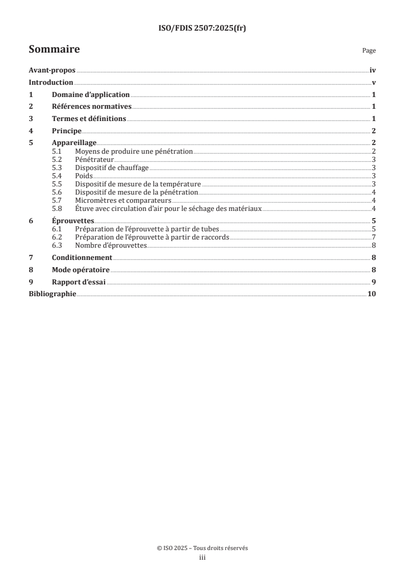 ISO 2507 ISO/FDIS 2507 - Tubes et raccords en matières thermoplastiques — Température de ramollissement Vicat : Méthode d'essai générale et conditions d’essai pour les tubes et raccords à base de chlorure de vinyle (PVC-U, PVC-C, PVC-Hi) et à base d'acrylonitrile (ABS, ASA)
Released:8. 11. 2025 - Page 3 preview