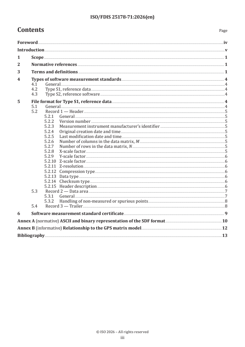 ISO/FDIS 25178-71 ISO/FDIS 25178-71 - Geometrical product specifications (GPS) — Surface texture: Areal — Part 71: Surface data file (SDF) file format - Page 3 preview