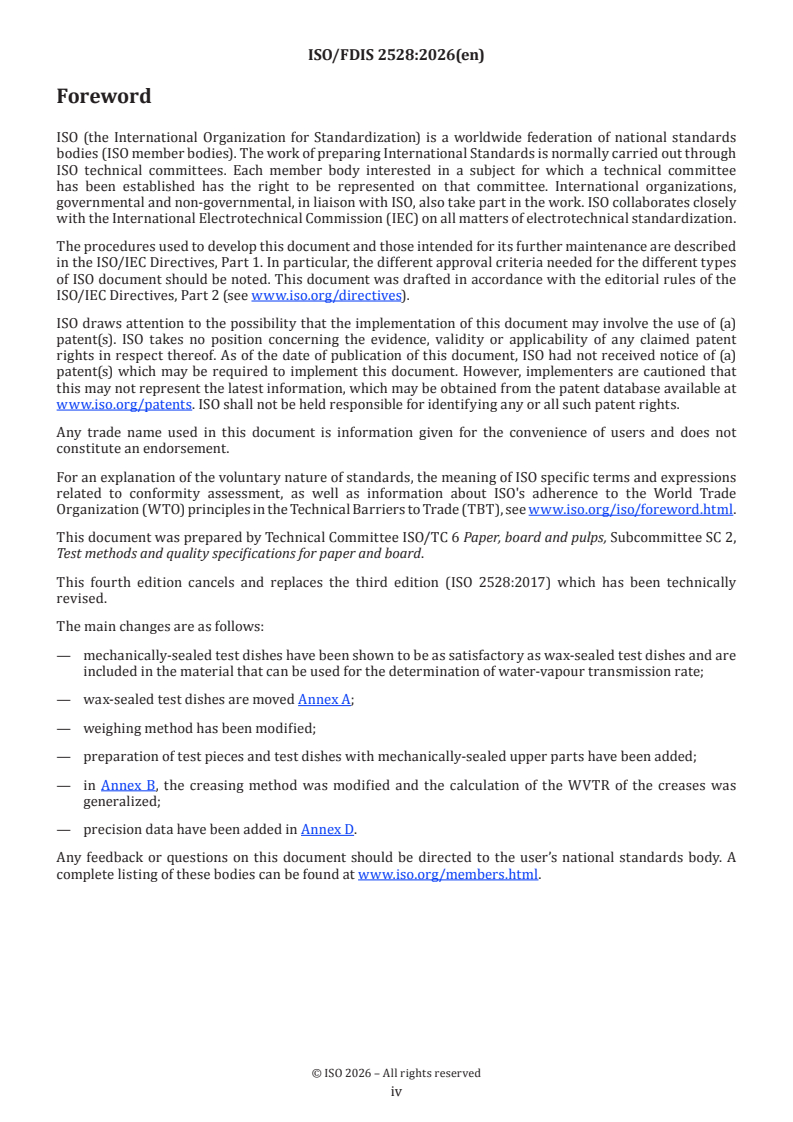 ISO/FDIS 2528 ISO/FDIS 2528 - Sheet materials — Determination of water vapour transmission rate (WVTR) — Gravimetric (dish) method - Page 4 preview