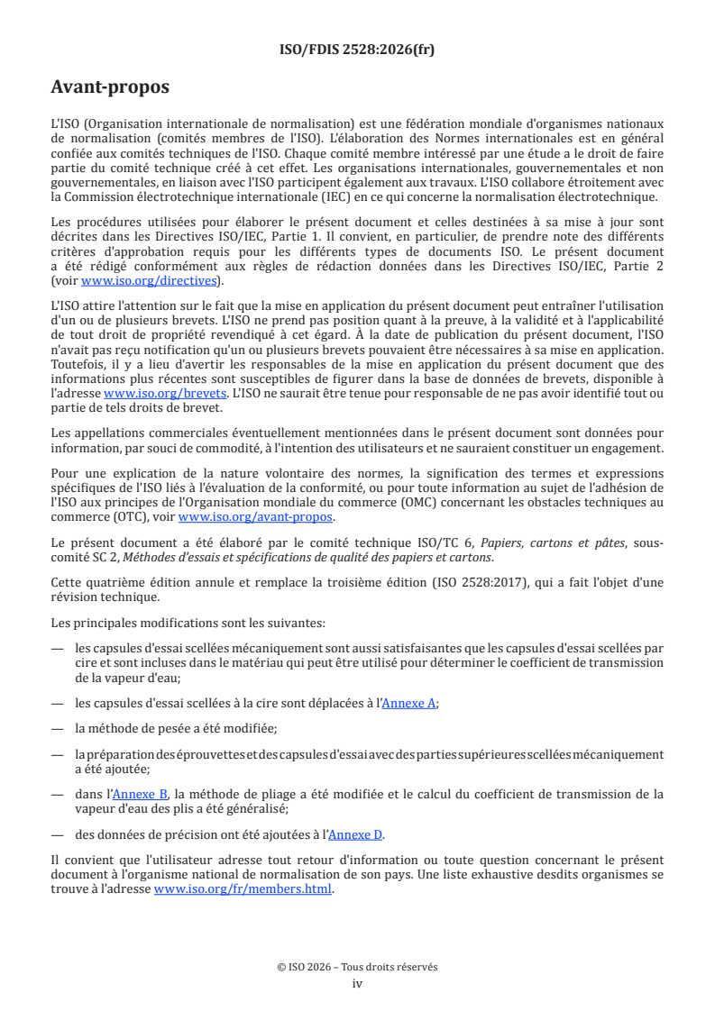 ISO/FDIS 2528 ISO/FDIS 2528 - Matériaux en feuilles — Détermination du coefficient de transmission de la vapeur d'eau — Méthode (de la capsule) par gravimétrie - Page 4 preview