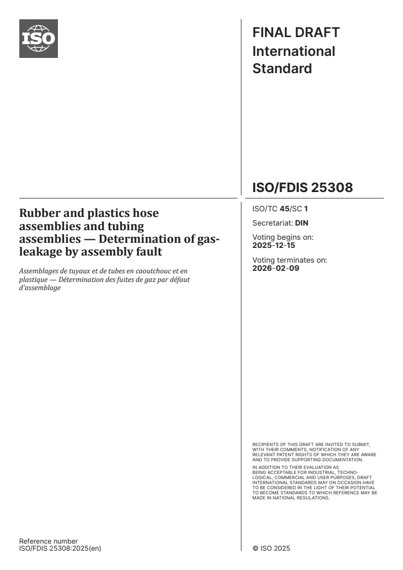 ISO/FDIS 25308 - Rubber and plastics hose assemblies and tubing assemblies — Determination of gas-leakage by assembly fault
Released:12/1/2025